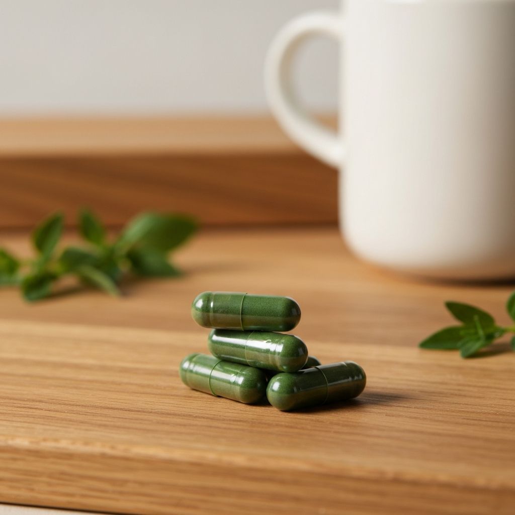 Pflanzliche Kapseln auf Holzoberfläche